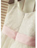 Thin Straps Ivory Sequin Tulle Wedding Flower Girl Dress With Pink Flower Sash